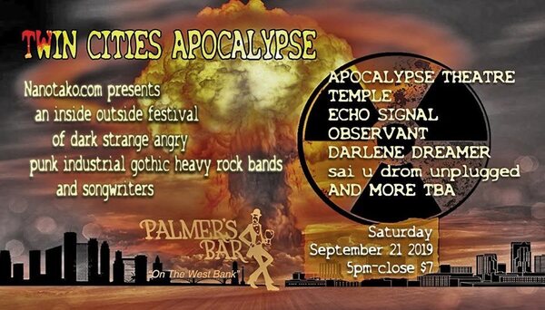 Flyer: Twin Cities Apocalypse at Palmer's Bar, 21 September 2019, with Echo Signal on the bill.