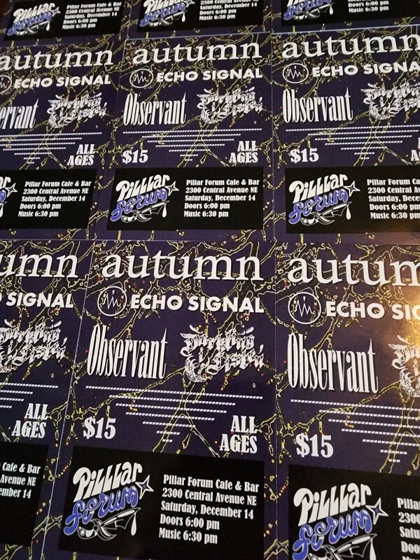 Flyer: autumn, Echo Signal and Observant at Pillar Forum Cafe & Bar, 14 December 2024.